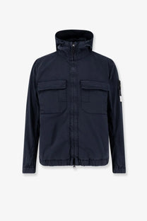 Stone Island men’s dark navy blue stretch cotton twill hooded jacket with front flap pockets and sleeve brand patch