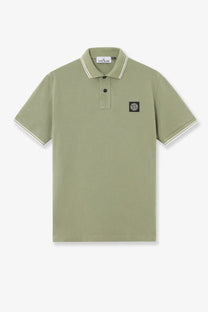 Stone Island men’s stretch organic cotton polo shirt in olive green with white trim and black embroidered logo patch on chest