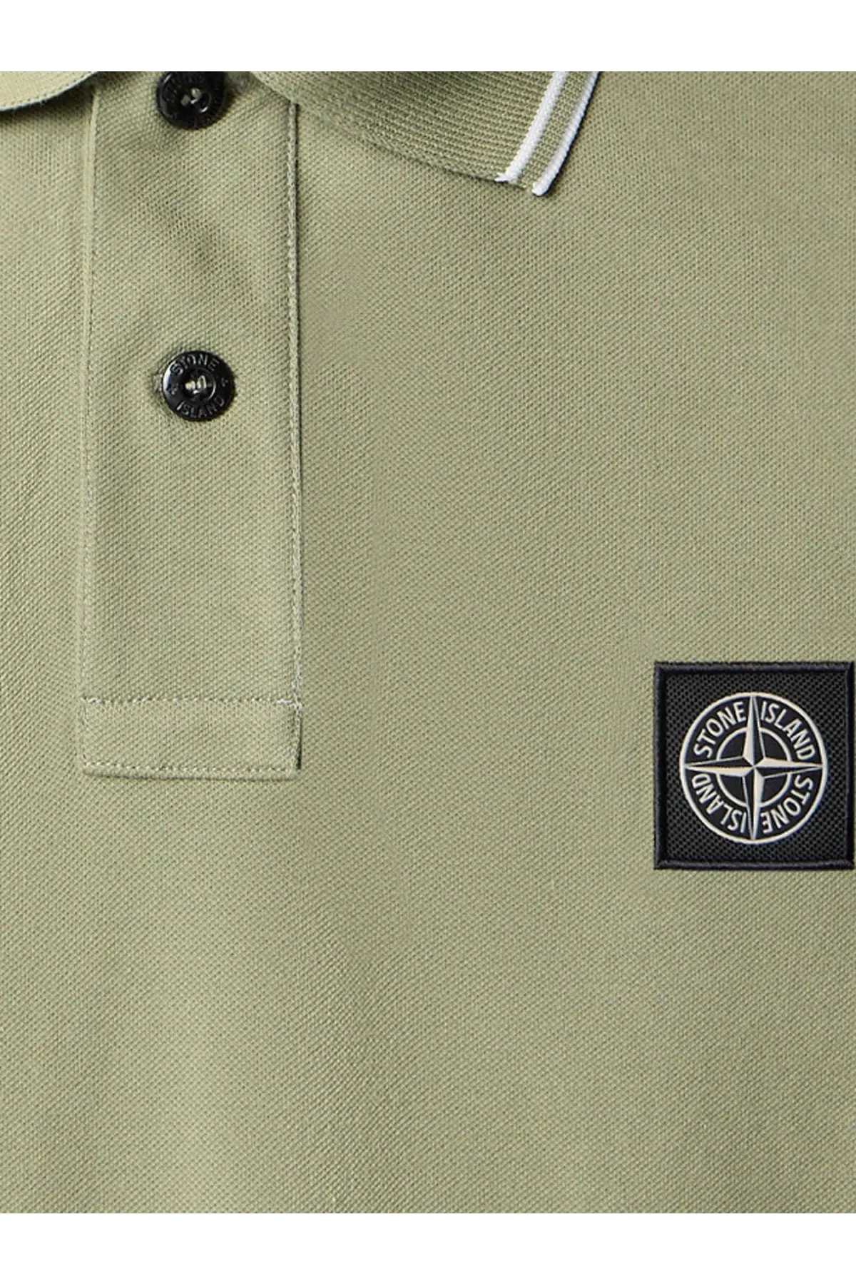 Stone Island men’s olive green polo shirt with black buttons and compass logo patch made of stretch organic cotton