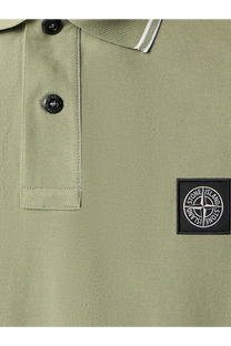 Stone Island men’s olive green polo shirt with black buttons and compass logo patch made of stretch organic cotton