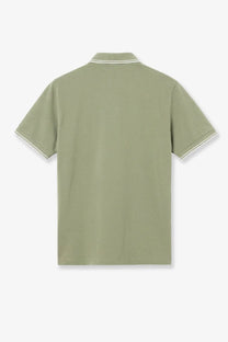 Stone Island men’s stretch organic cotton polo shirt in sage green with white trim on collar and sleeves