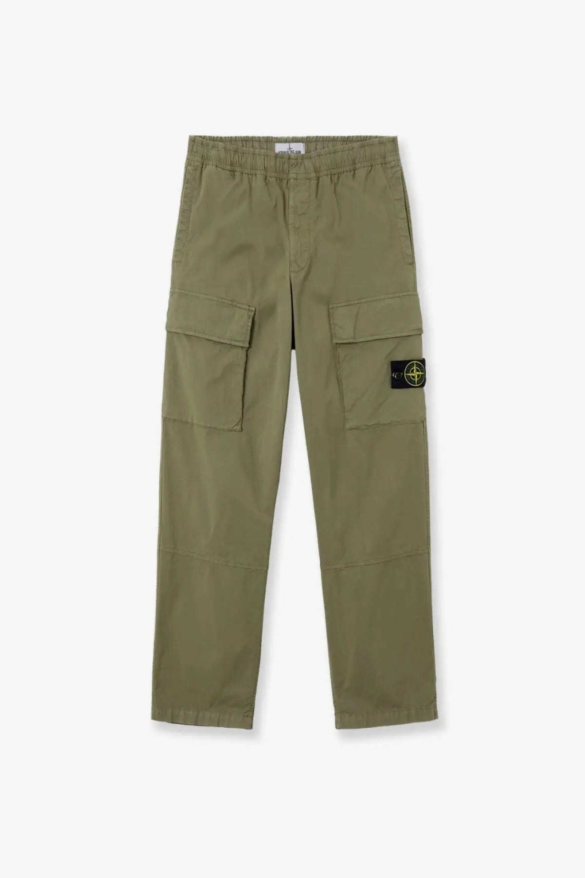 Stone island men’s stretch organic cotton olive green cargo trousers with drawstring waist and logo patch on left thigh