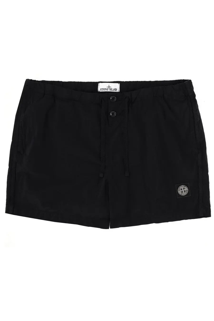 Stone Island men’s black swimsuit shorts with drawstring waist two front buttons and compass logo patch on lower right leg