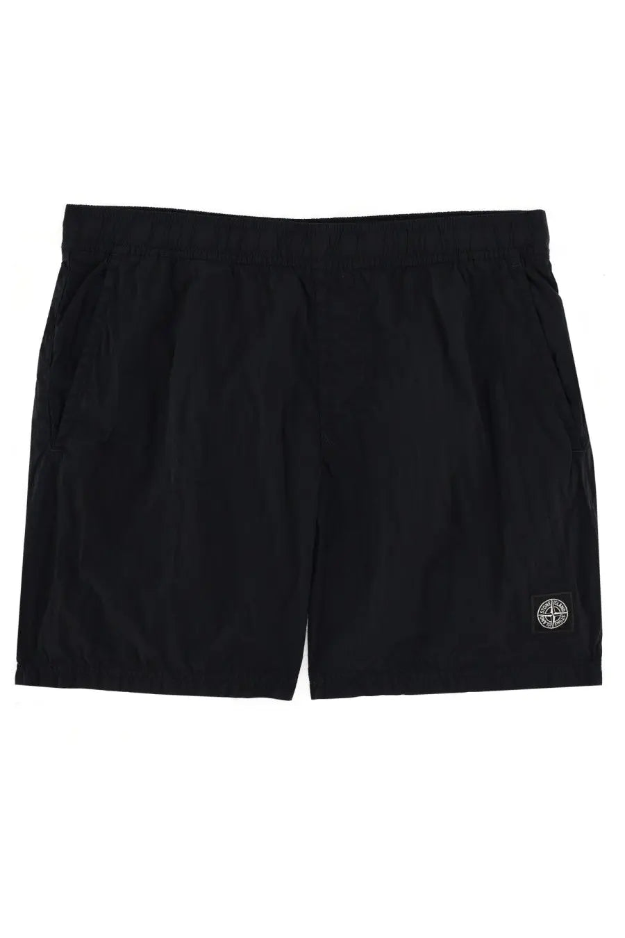 Stone island men’s swimsuit blue featuring black athletic shorts with subtle textured fabric and circular logo patch