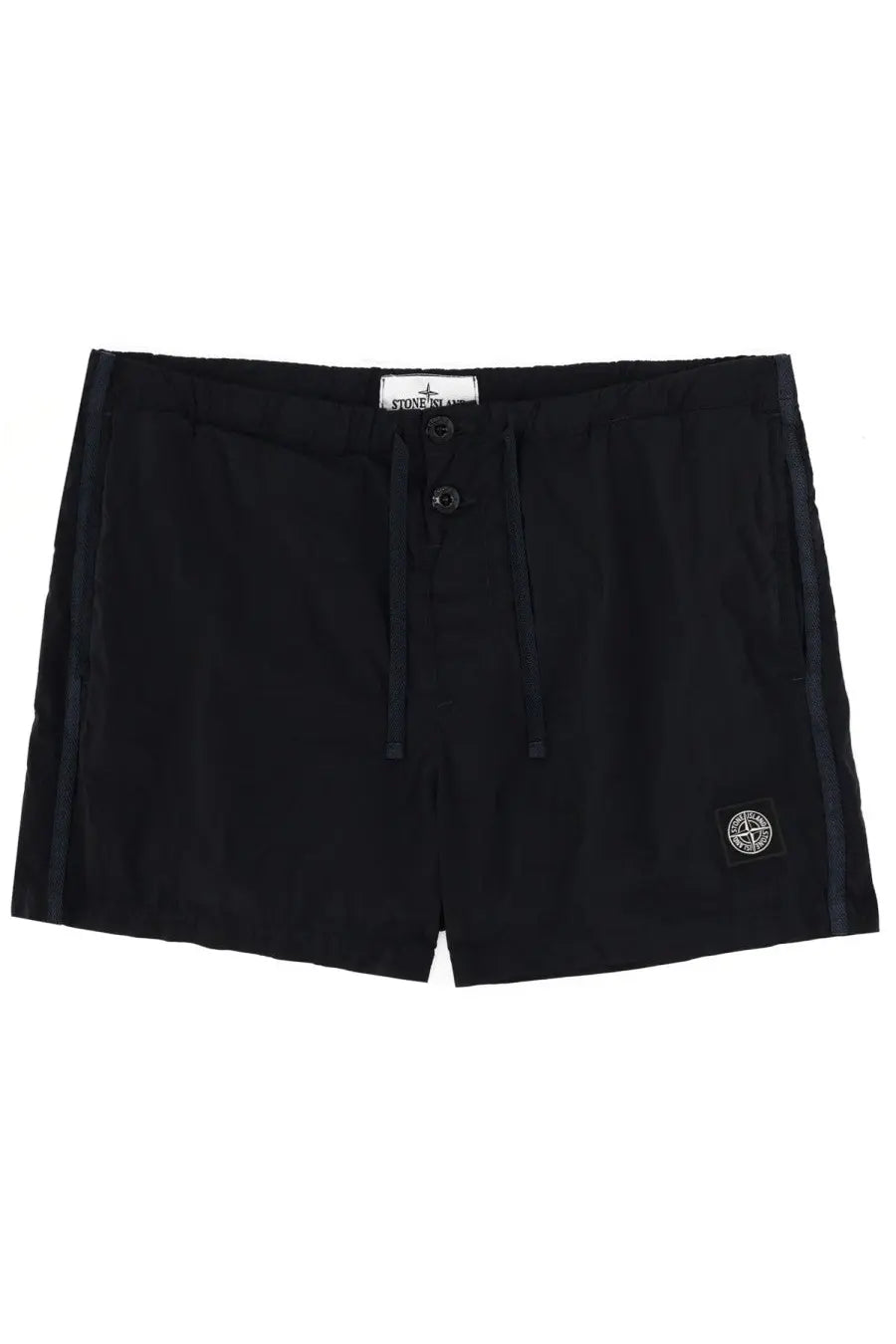 Stone island men’s swimsuit blue black stone island shorts with drawstring waist side stripes and logo patch on leg