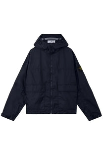 Stone Island men’s black hooded jacket with technical fabric two front pockets and yellow logo on sleeve