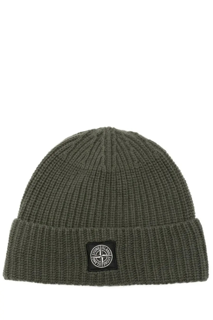 Stone island men’s wool cap green olive green ribbed knit beanie with black logo patch on cuff