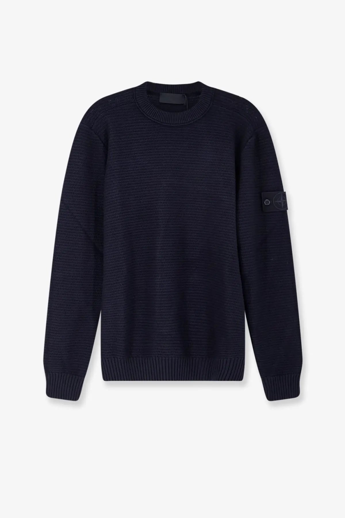 Stone Island men’s dark navy blue wool and cashmere blend sweater with ribbed cuffs hem textured pattern and sleeve patch