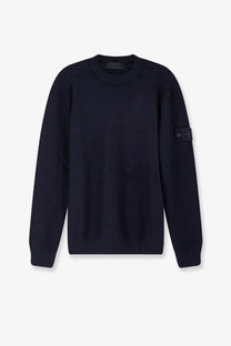 Stone Island men’s dark navy blue wool and cashmere blend sweater with ribbed cuffs hem textured pattern and sleeve patch