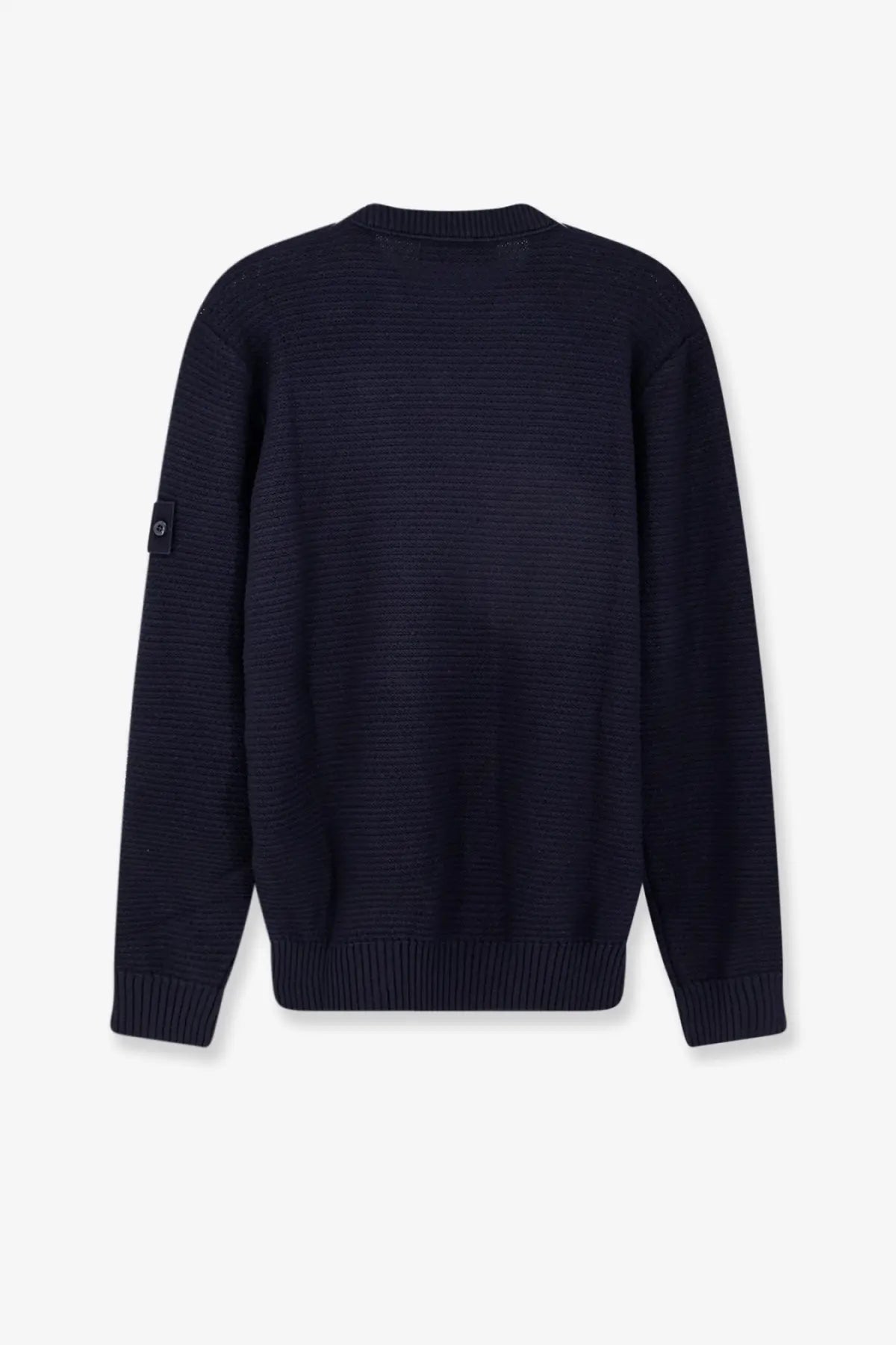 Stone Island men’s dark navy blue ribbed wool and cashmere blend sweater with textured pattern and signature sleeve patch