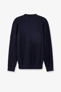 Stone Island men’s dark navy blue ribbed wool and cashmere blend sweater with textured pattern and signature sleeve patch