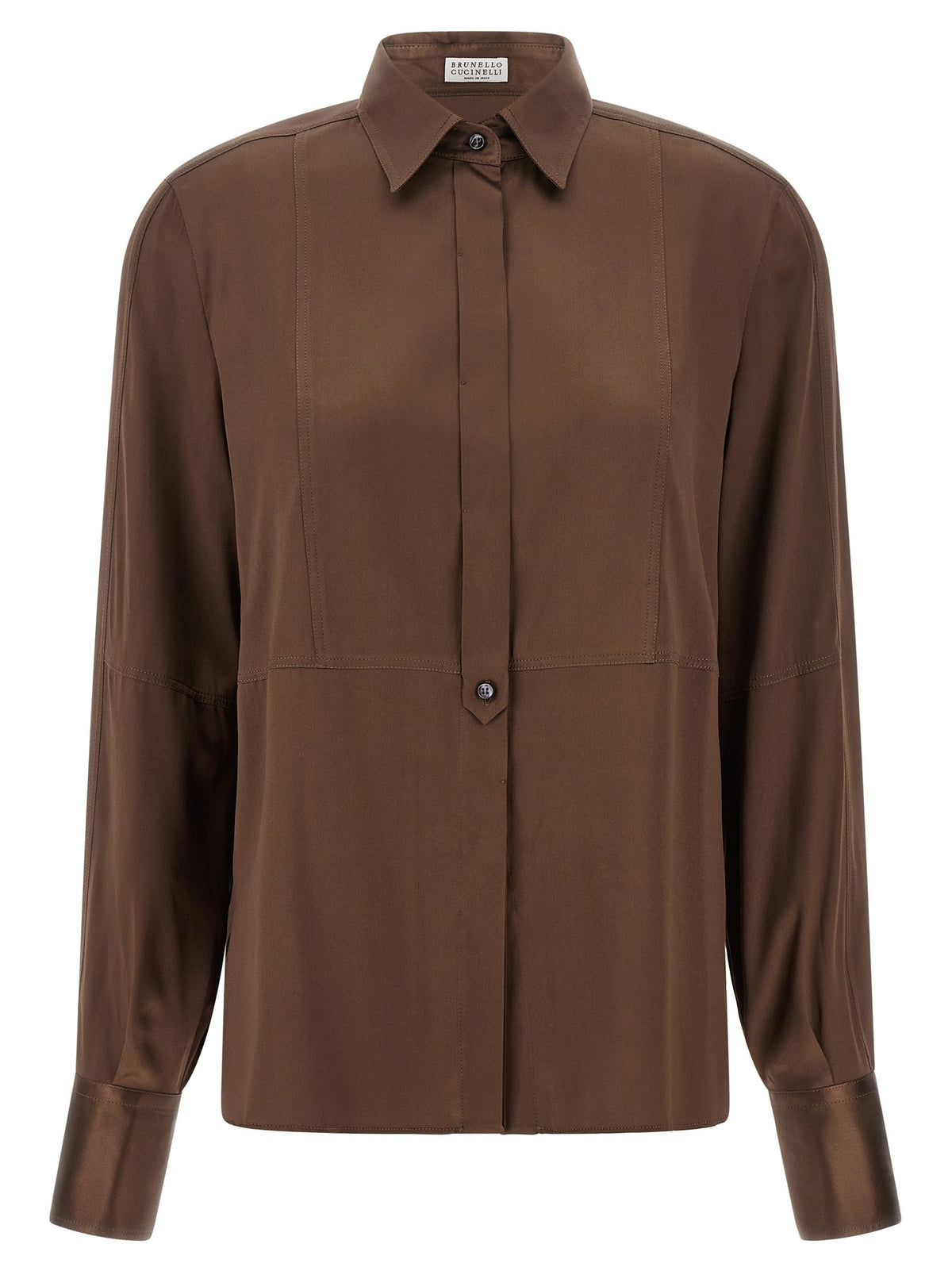 Brunello Cucinelli Stretch Silk Satin Shirt Brown