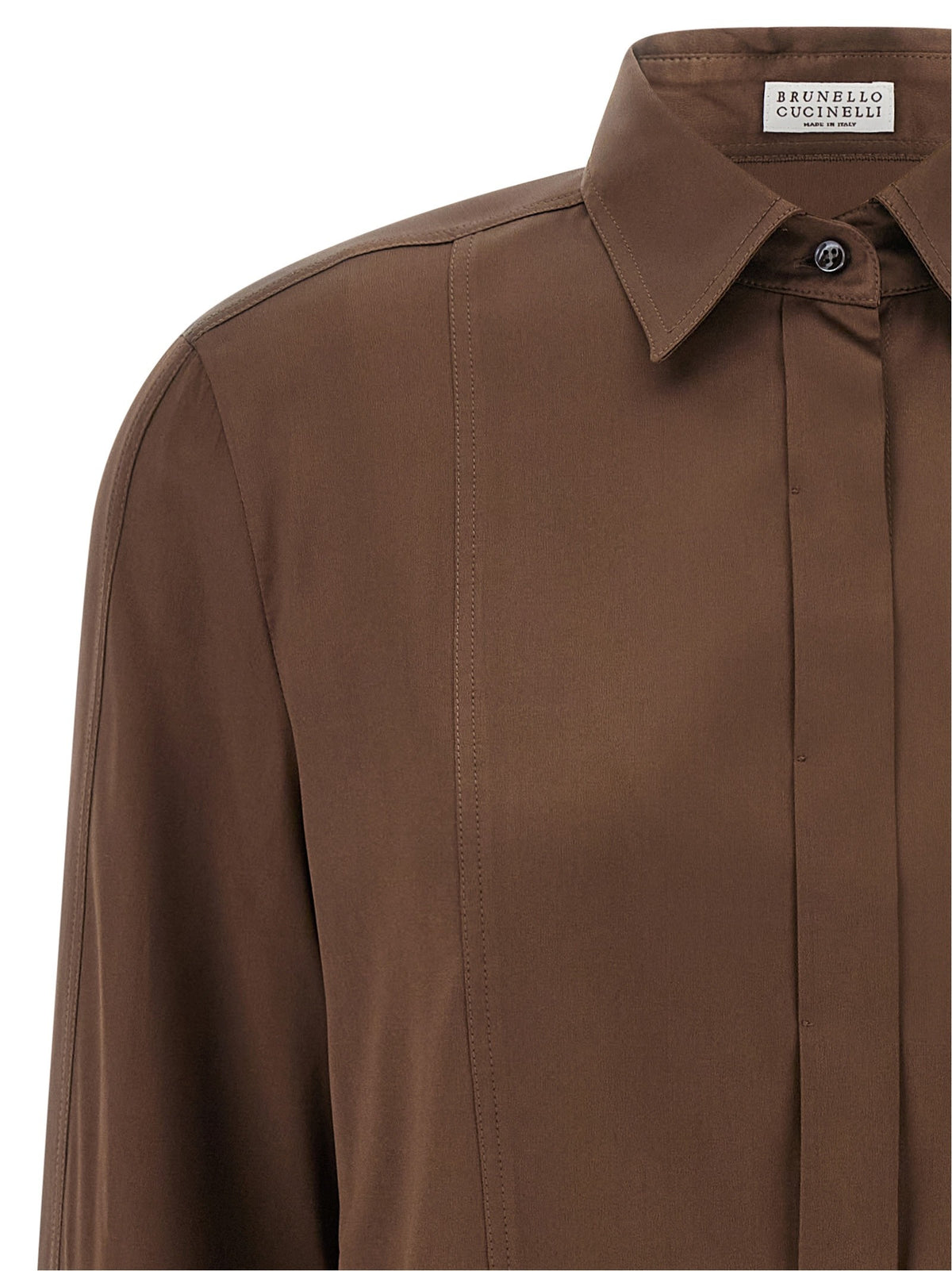 Brunello Cucinelli Stretch Silk Satin Shirt Brown, view 3