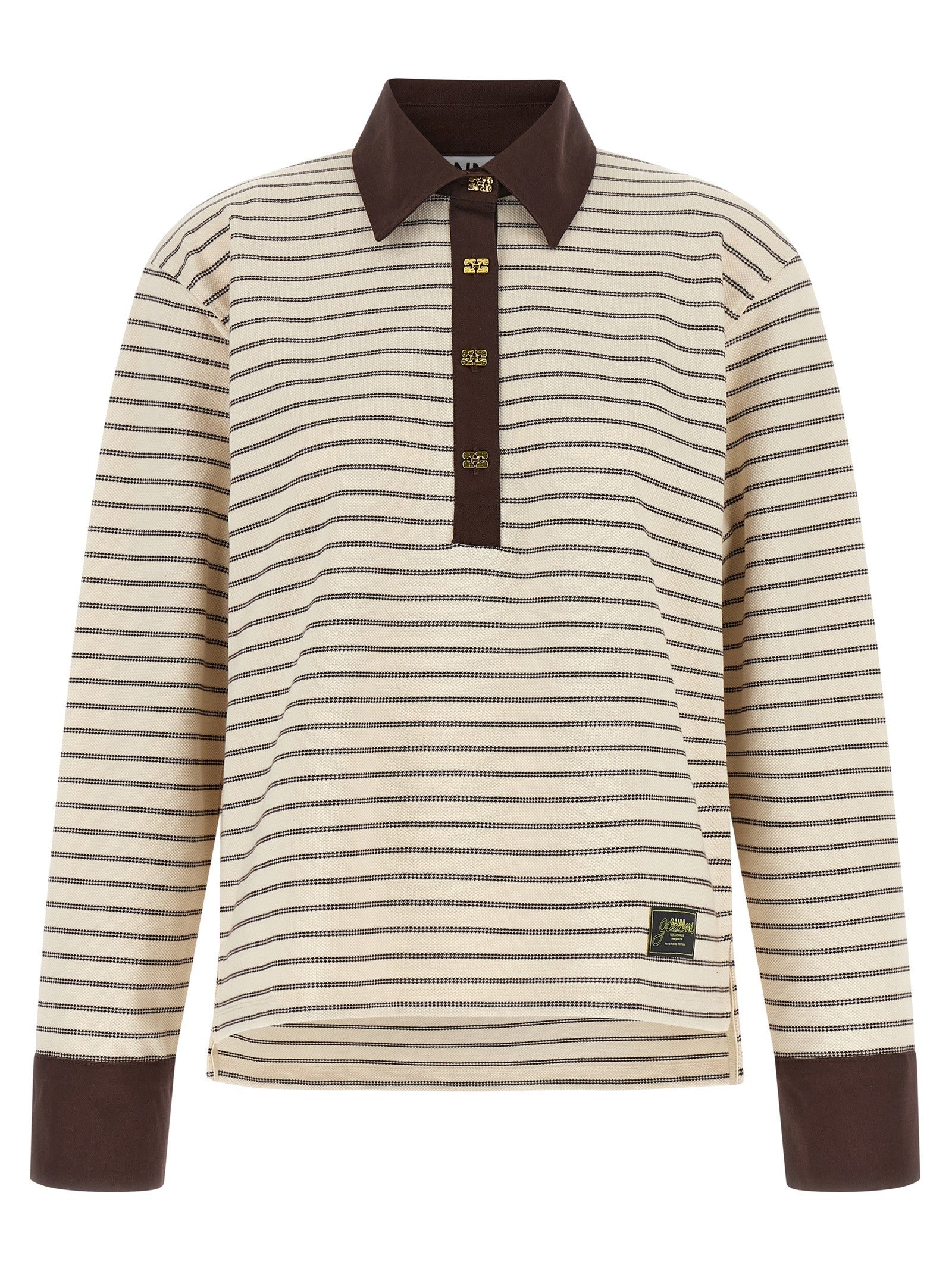 Ganni Striped Cotton Polo Shirt Brown