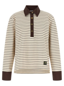 Ganni Striped Cotton Polo Shirt Brown