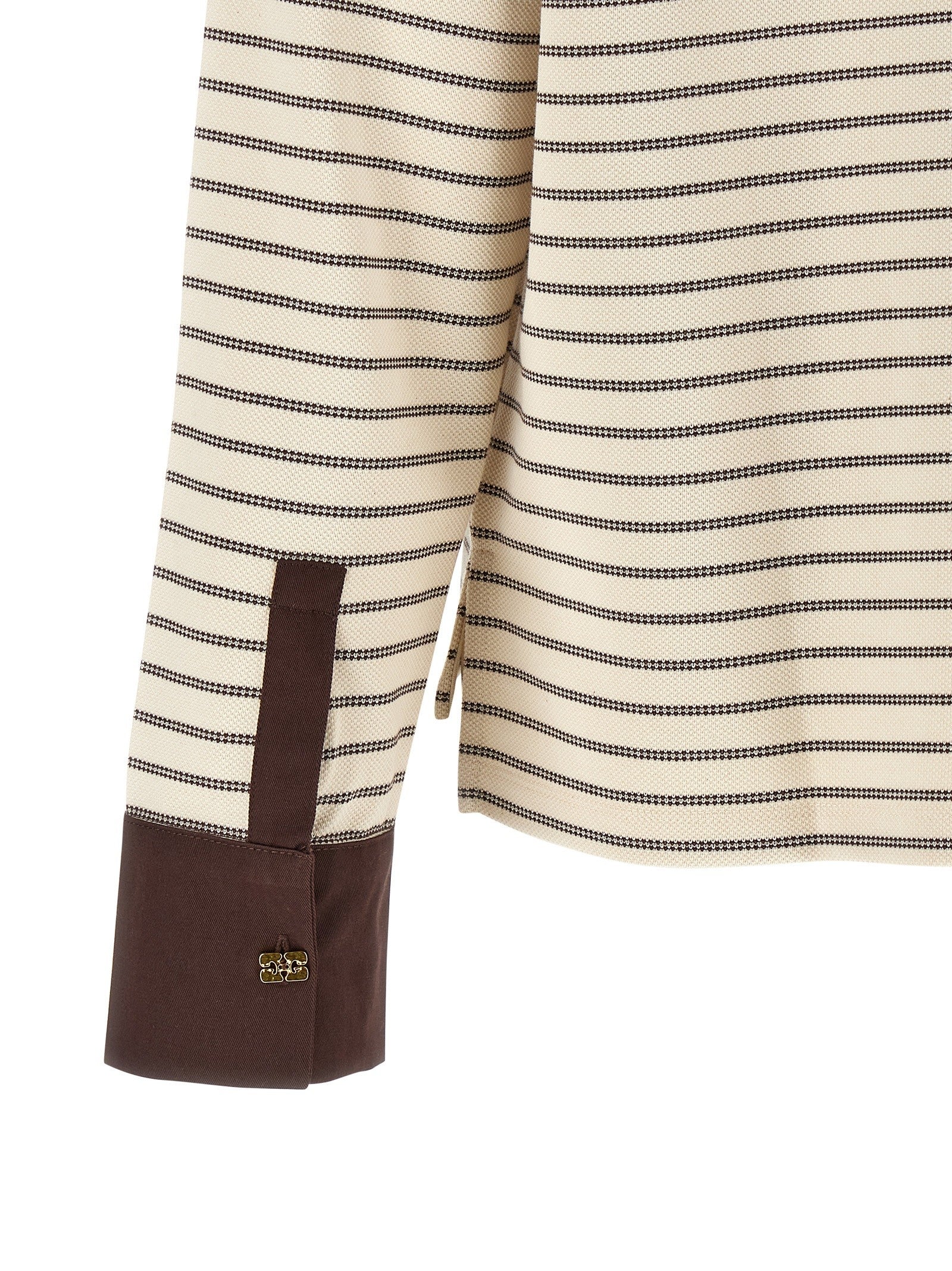 Ganni Striped Cotton Polo Shirt Brown