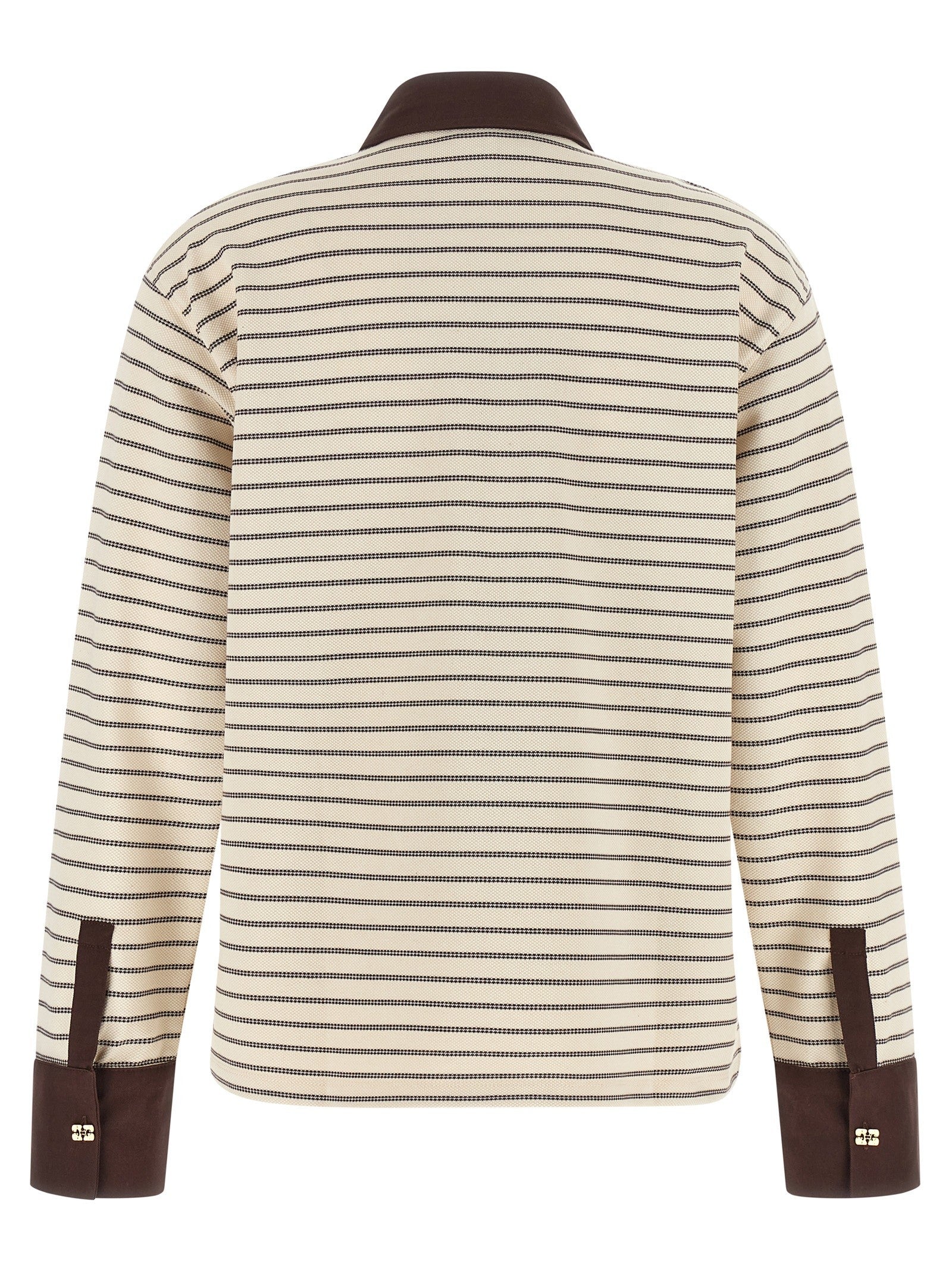 Ganni Striped Cotton Polo Shirt Brown
