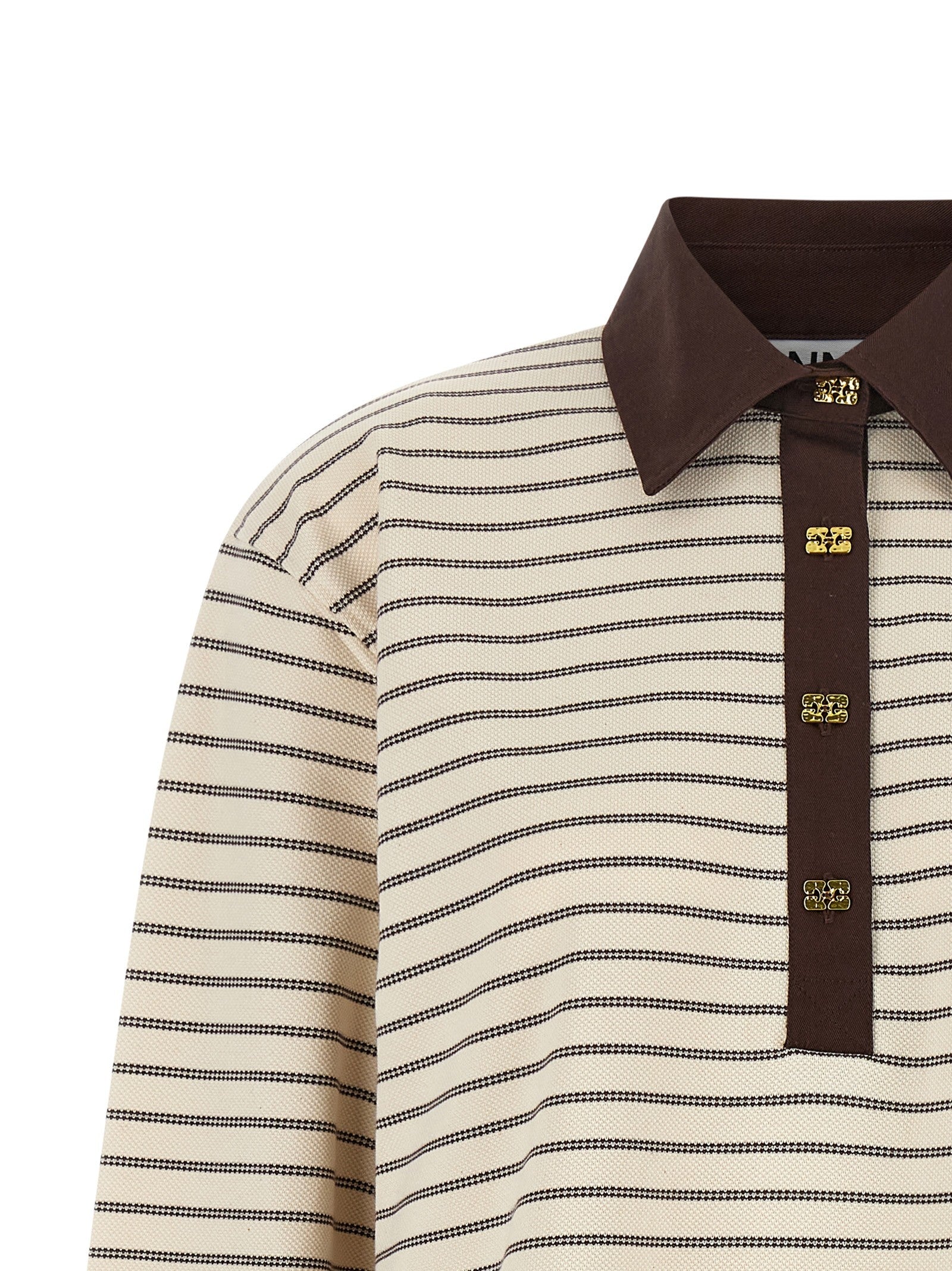 Ganni Striped Cotton Polo Shirt Brown
