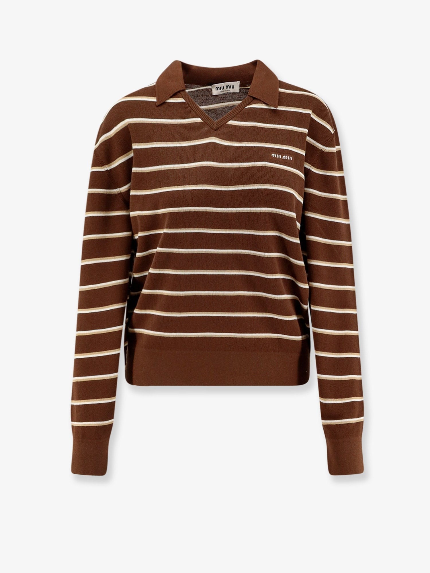 Miu Miu Women's Striped Cotton Polo Shirt Brown Miu Miu