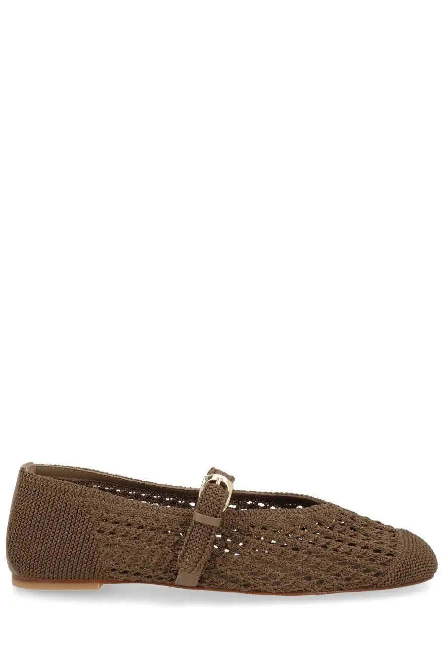 Stuart Weitzman women’s ballerina Leora Mary Gane brown knitted flat shoe with woven texture and metallic buckle strap