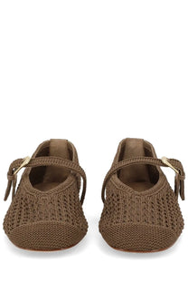Stuart Weitzman women’s ballerina Leora mary jane flats in brown knitted woven texture with gold-tone buckle accents