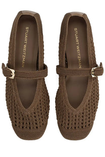 Stuart Weitzman women’s ballerina Leora Mary Gane brown flats with knitted woven texture and metallic buckle details