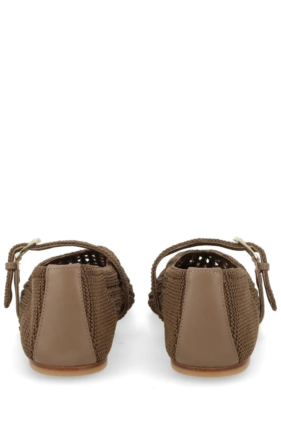 Brown woven flat ballerina shoes with smooth leather heel and ankle strap by stuart weitzman women