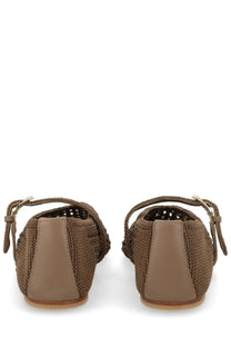 Brown woven flat ballerina shoes with smooth leather heel and ankle strap by stuart weitzman women