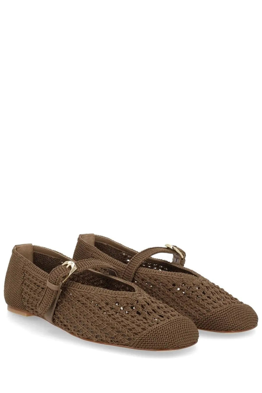 Stuart Weitzman women’s ballerina Leora Mary Gane brown woven flat shoes with delicate lace-up design and metallic buckles