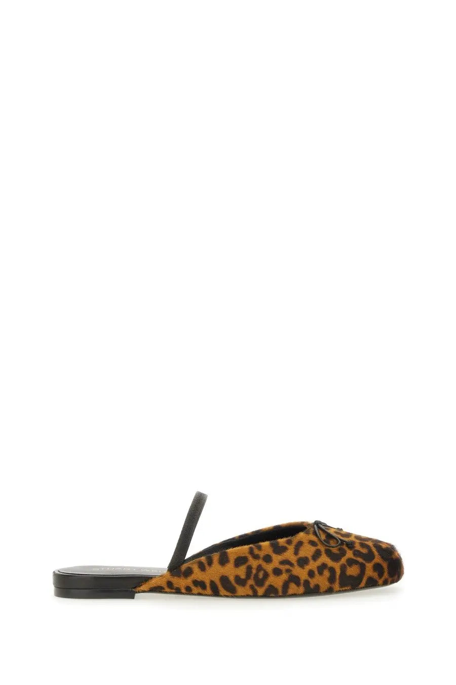 Stuart Weitzman women’s ballerina mule first bow leopard-print suede slip-on shoe with black leather strap and buckle detail