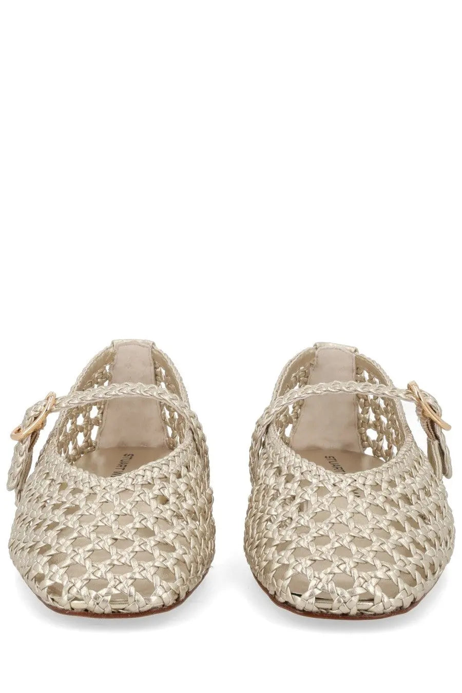 Stuart Weitzman women’s ballerina prima mary jane gold beige woven flat shoes with braided strap and gold-tone buckle