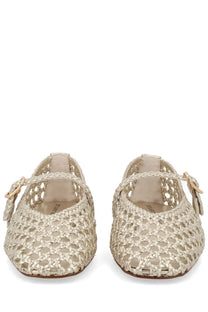 Stuart Weitzman women’s ballerina prima mary jane gold beige woven flat shoes with braided strap and gold-tone buckle