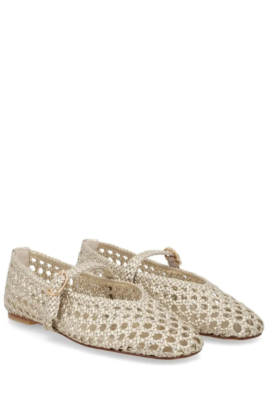 Stuart Weitzman women’s ballerina Prima Mary Jane gold beige woven flat shoes with delicate lace-up design and soft texture