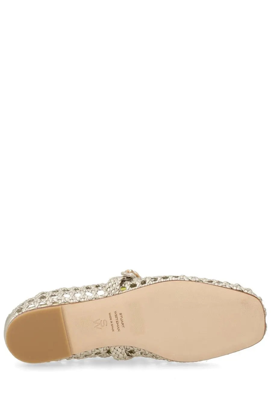 Stuart Weitzman women’s ballerina prima Mary Jane flat shoe in woven silver metallic finish with braided design and beige sole