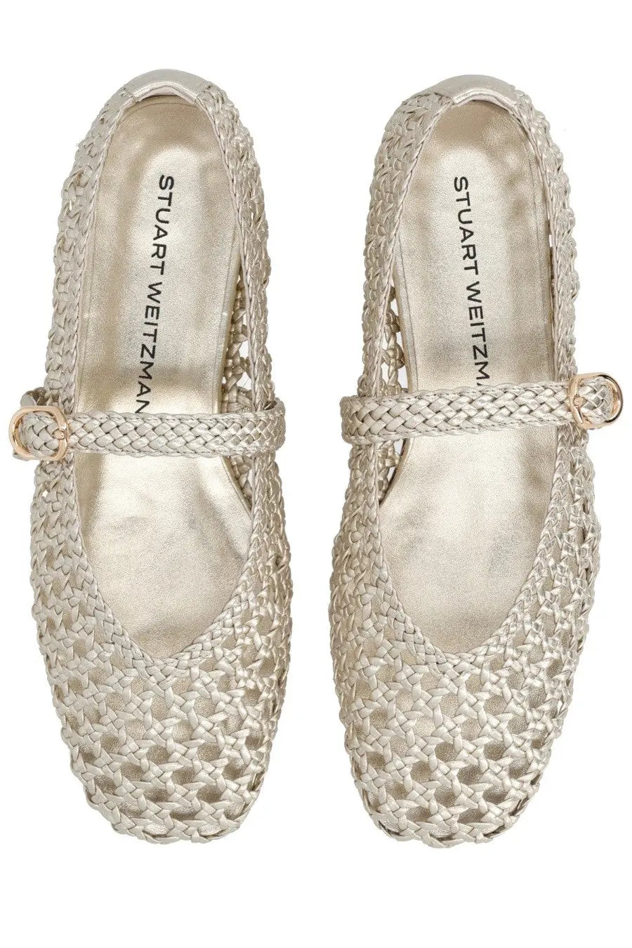 Stuart Weitzman women’s ballerina prima Mary Jane flat shoes in silver woven material with braided strap and gold buckle