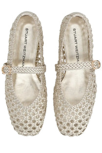 Stuart Weitzman women’s ballerina prima Mary Jane flat shoes in silver woven material with braided strap and gold buckle