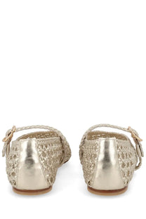 Stuart Weitzman women’s ballerina Prima Mary Jane gold gold-toned woven flat shoes with braided strap and metallic buckle