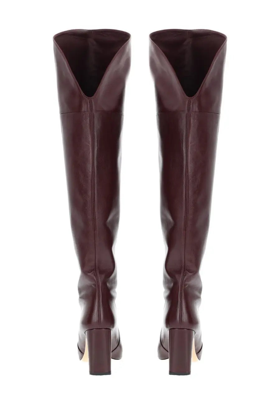Stuart Weitzman women’s Burgundy leather over-the-knee boots with block heel and v-shaped opening at the top