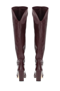 Stuart Weitzman women’s Burgundy leather over-the-knee boots with block heel and v-shaped opening at the top