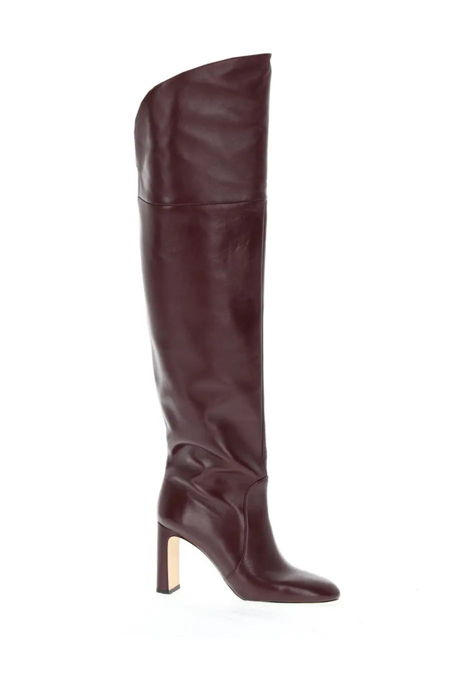 Stuart Weitzman women’s Babette boot in dark brown leather with over-the-knee design and block heel glossy finish
