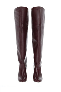 Stuart Weitzman women’s boot Babette red over-the-knee dark burgundy leather boots with glossy finish and vertical stitching