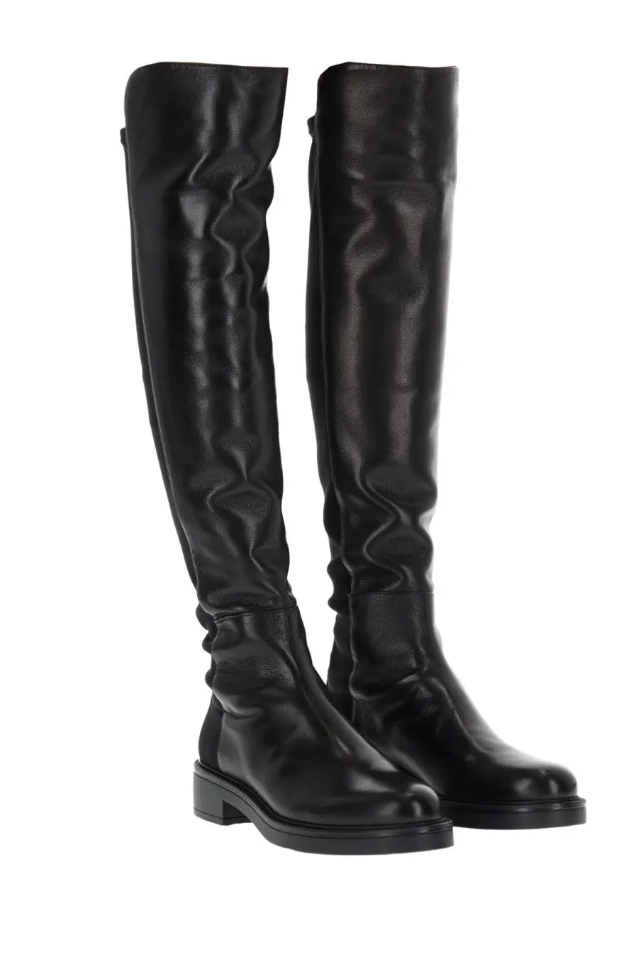 Stuart Weitzman women’s Celia black leather over-the-knee boots with glossy finish and low block heel side view