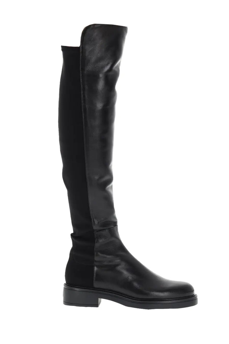Stuart Weitzman women’s Celia black over-the-knee boot with glossy leather front, matte fabric side, and low block heel