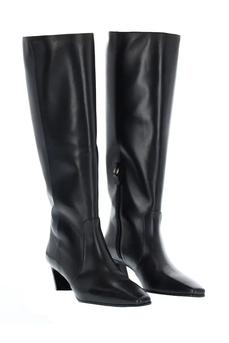 Stuart Weitzman women’s boot Stassi black knee-high leather boots with sleek glossy finish and square toe design