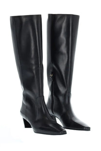 Stuart Weitzman women’s boot Stassi black knee-high leather boots with sleek glossy finish and square toe design