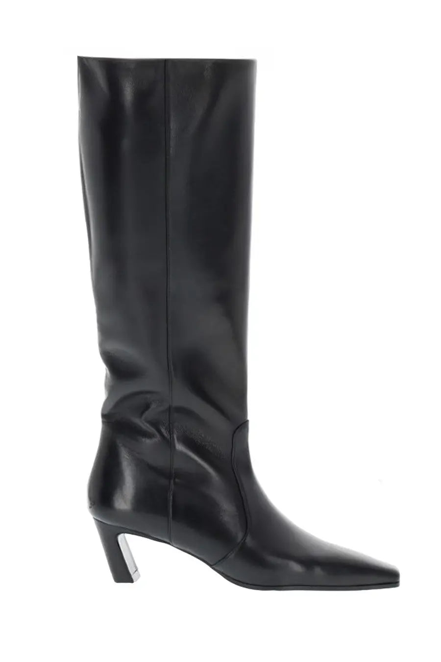 Stuart Weitzman women’s black leather knee-high boot with pointed toe and silver-toned block heel