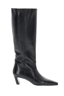 Stuart Weitzman women’s black leather knee-high boot with pointed toe and silver-toned block heel