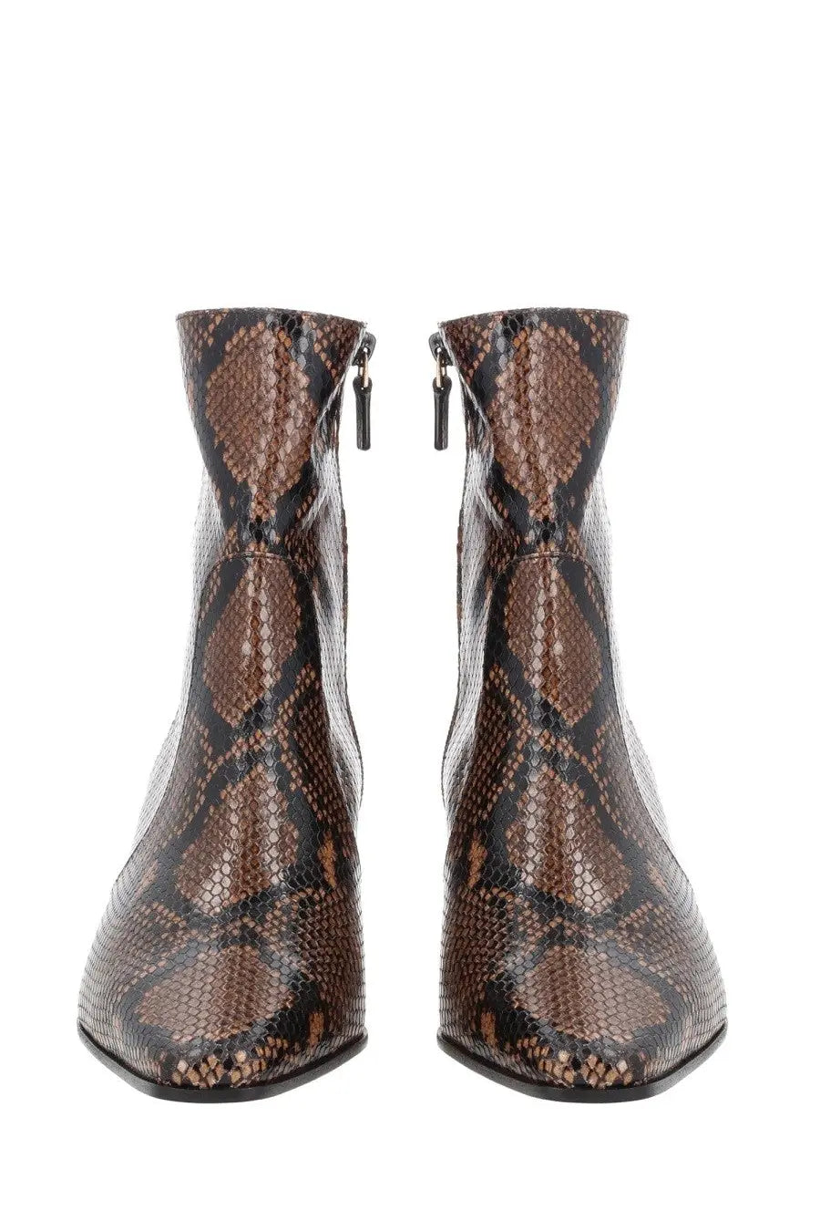Stuart Weitzman women’s brown and black snake-print ankle boots with glossy finish and zipper detail