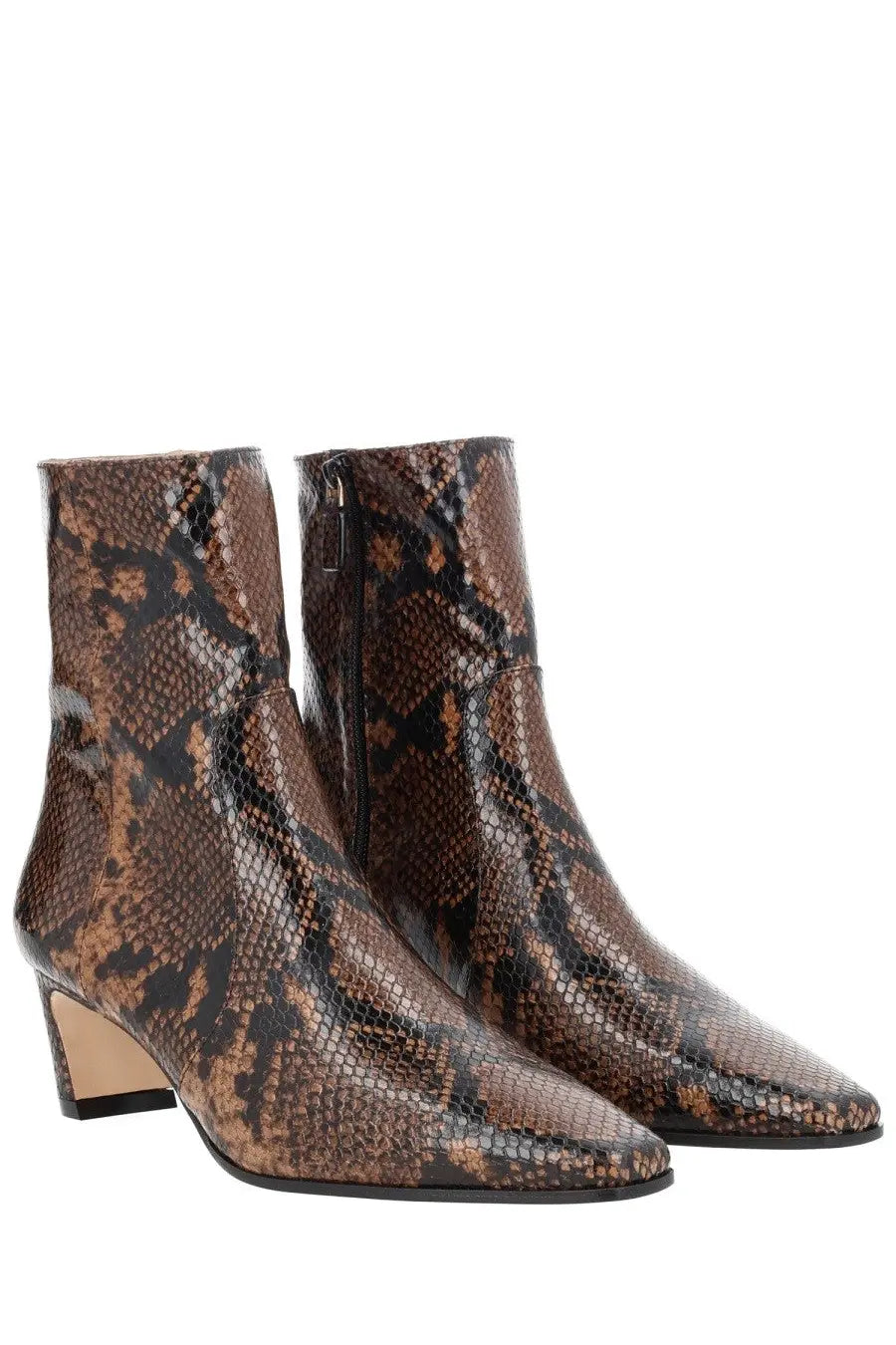 Stuart Weitzman women’s boot Stassi zipper brown ankle boots with brown and black snake-print and low block heel