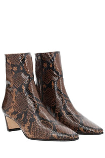 Stuart Weitzman women’s boot Stassi zipper brown ankle boots with brown and black snake-print and low block heel